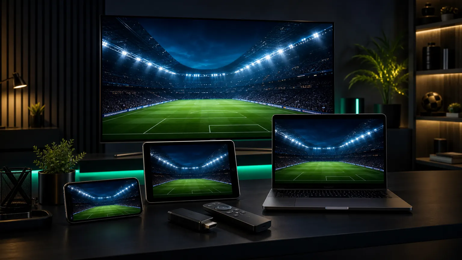 Premium dark setup with Smart TV, laptop, tablet and phone showing a generic football stadium atmosphere for World Cup 2026 device preparation.