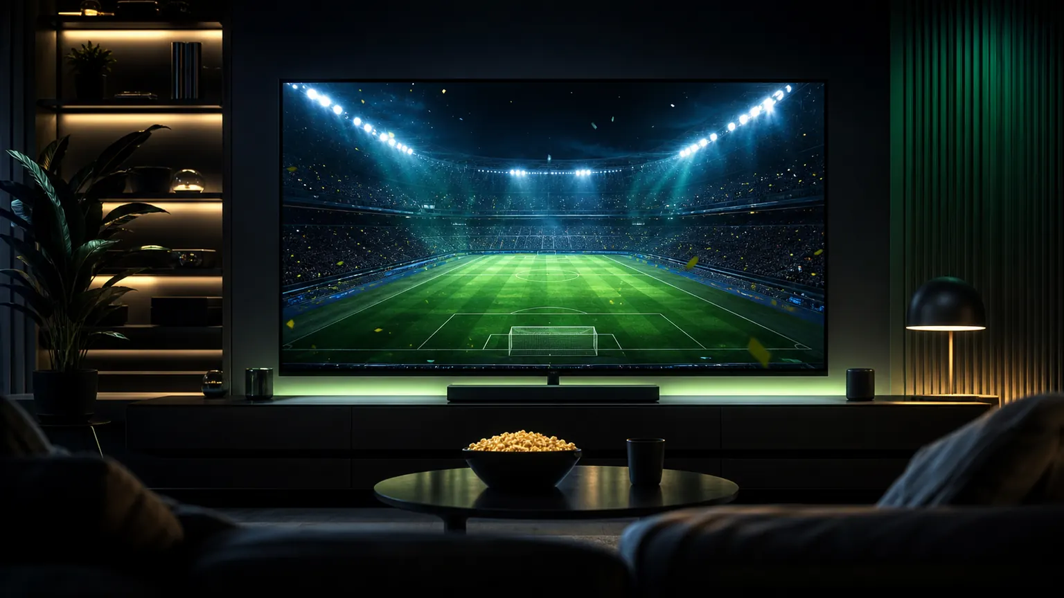 Premium dark home cinema scene with a generic football stadium atmosphere on a large screen for a World Cup 2026 viewing guide.