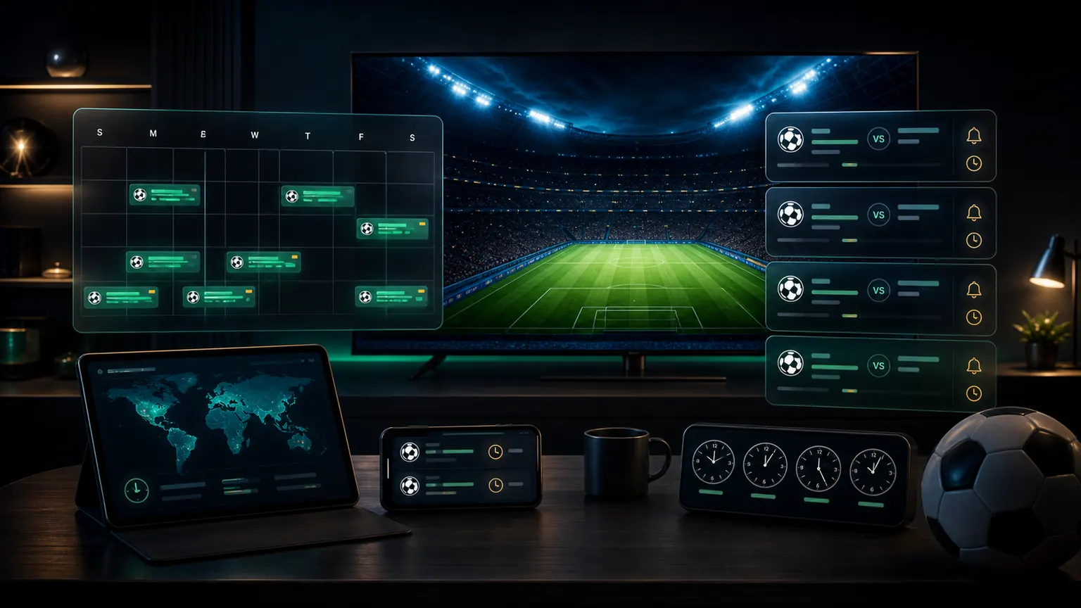Premium dark football viewing setup with generic schedule panels, time zone clocks, and stadium lighting for a World Cup 2026 planner.