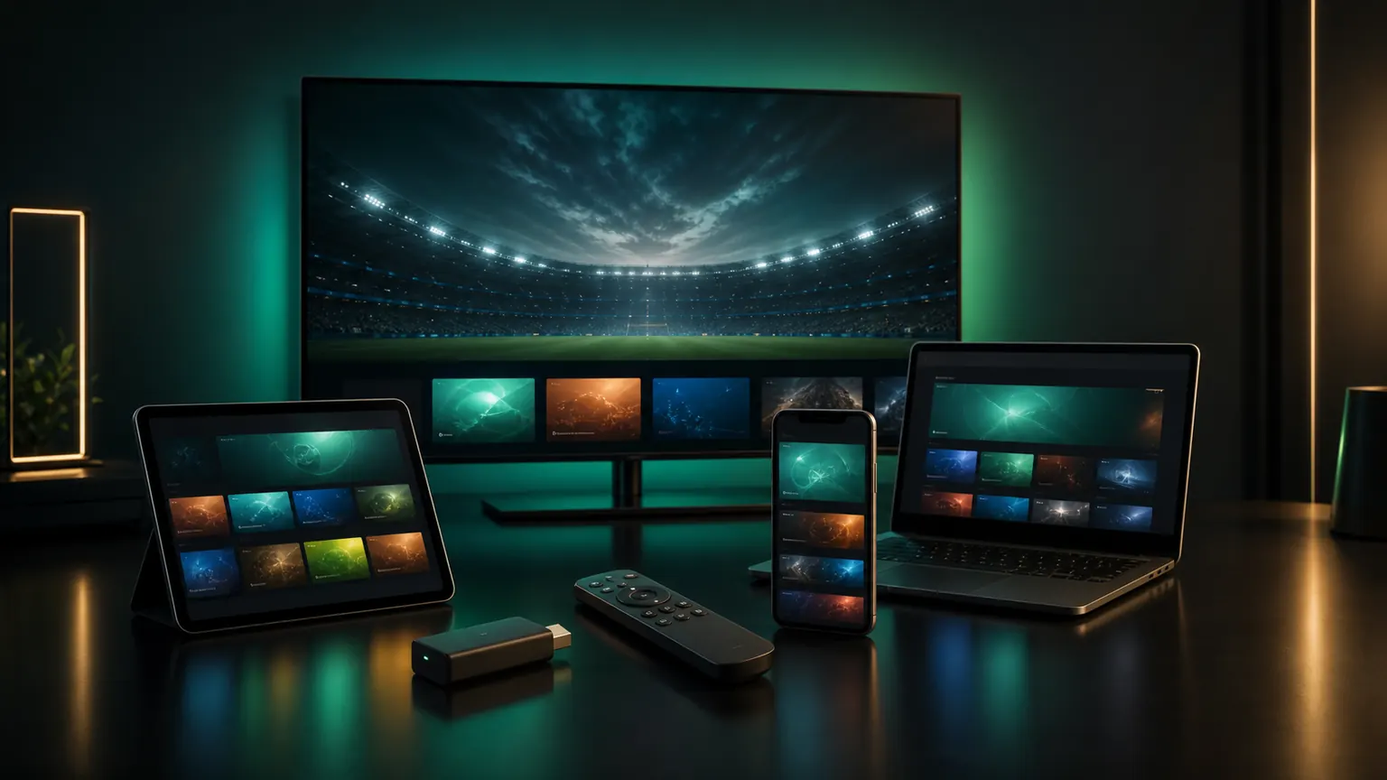 Multiple premium streaming devices including TV, tablet, phone and laptop for watching TereaTV.