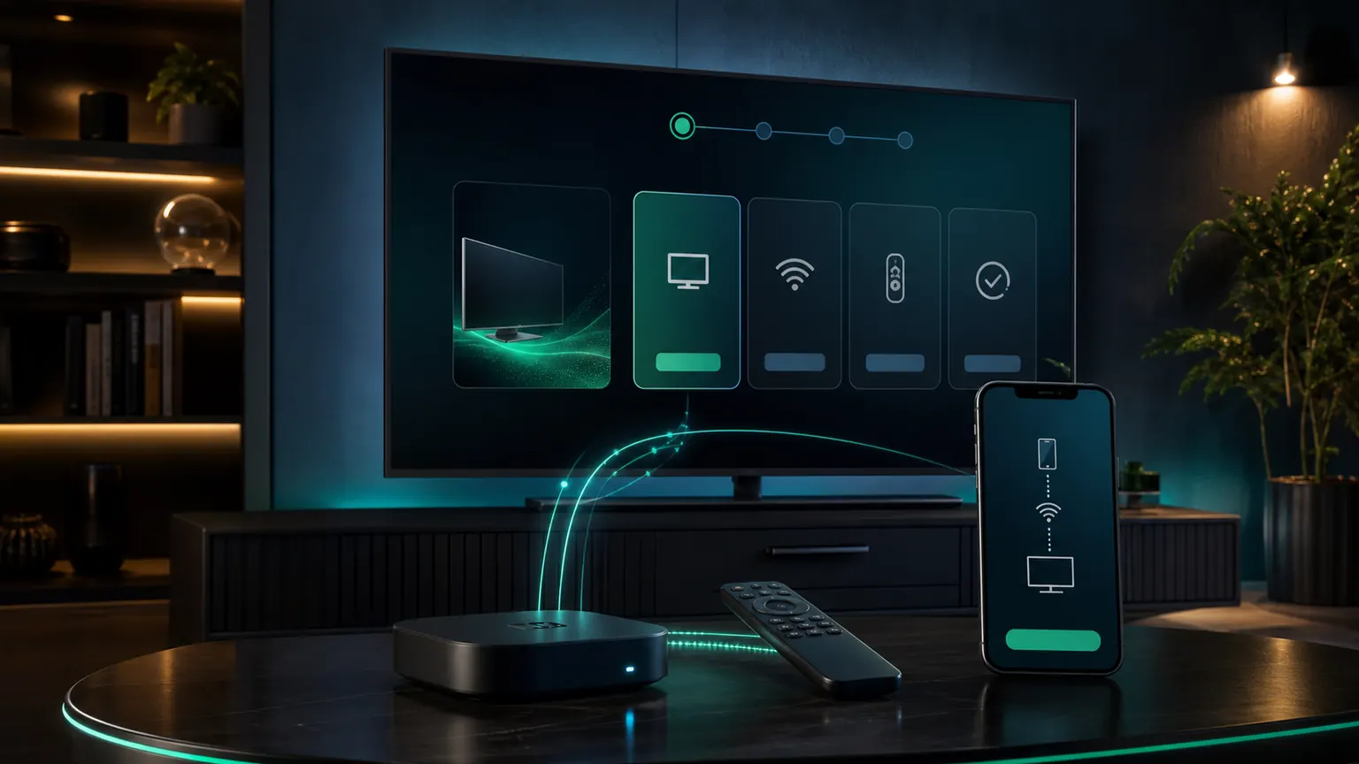 Modern smart TV and streaming device setup scene for installing TereaTV on compatible devices.
