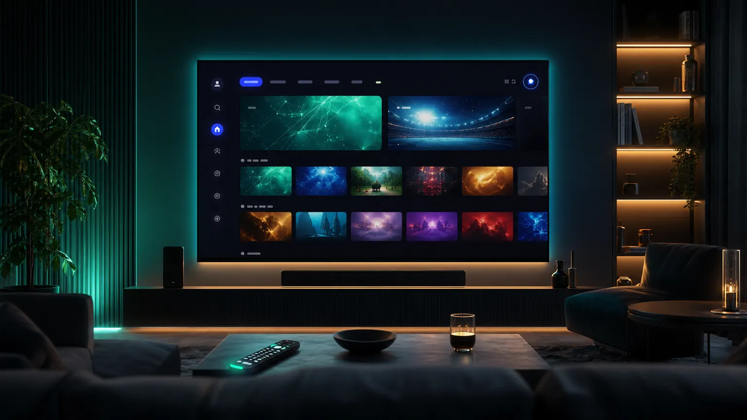 Premium dark home entertainment setup with a TereaTV-style streaming dashboard on a large TV.