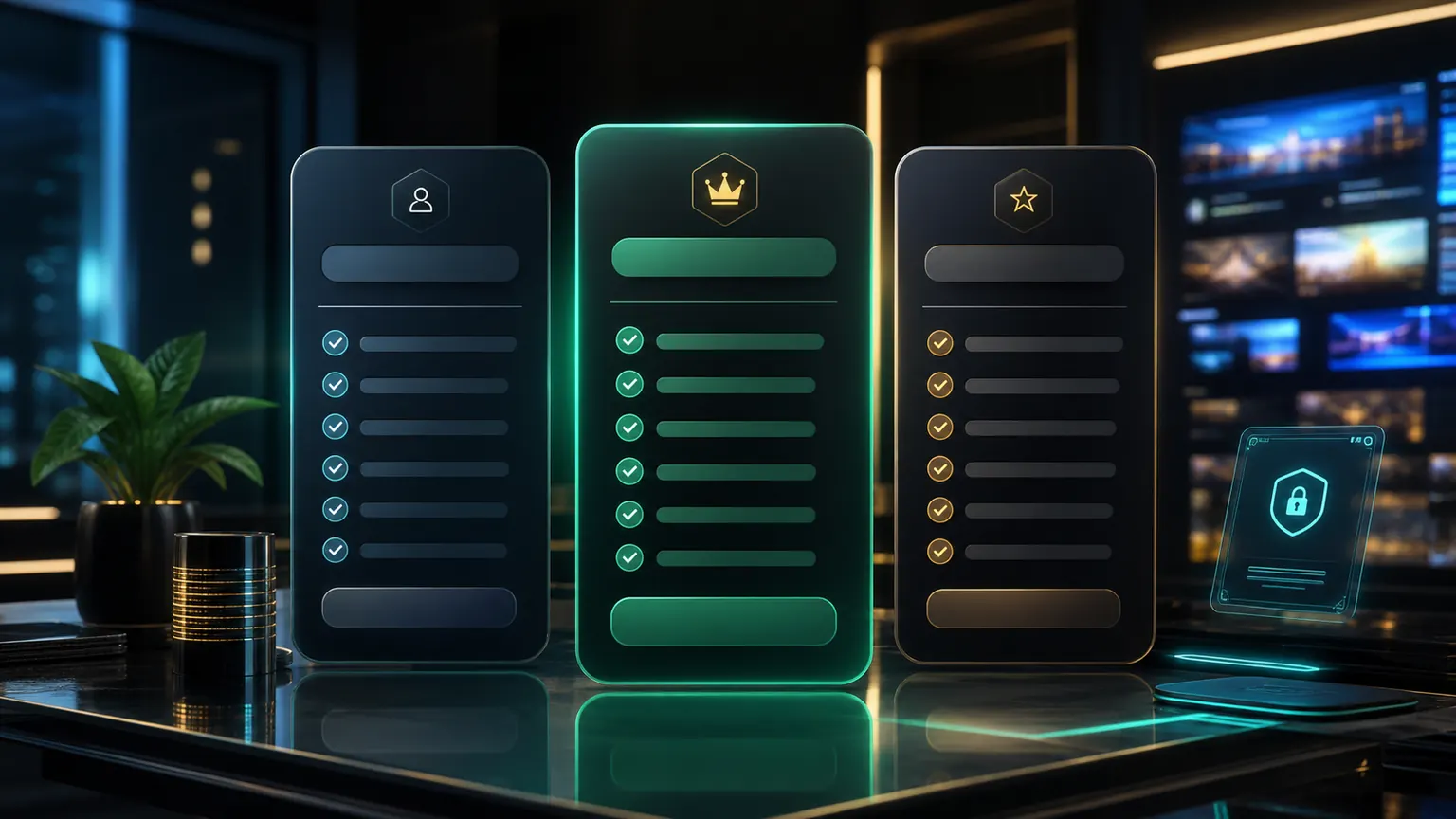 Premium dark pricing plan comparison visual for choosing a TereaTV subscription.