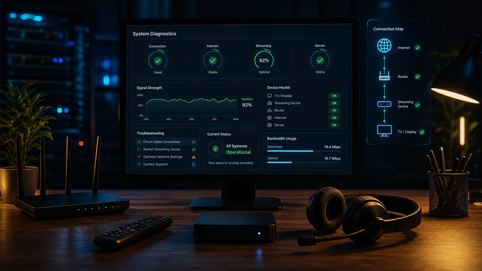 Dark diagnostics dashboard and support desk visual for TereaTV troubleshooting help.