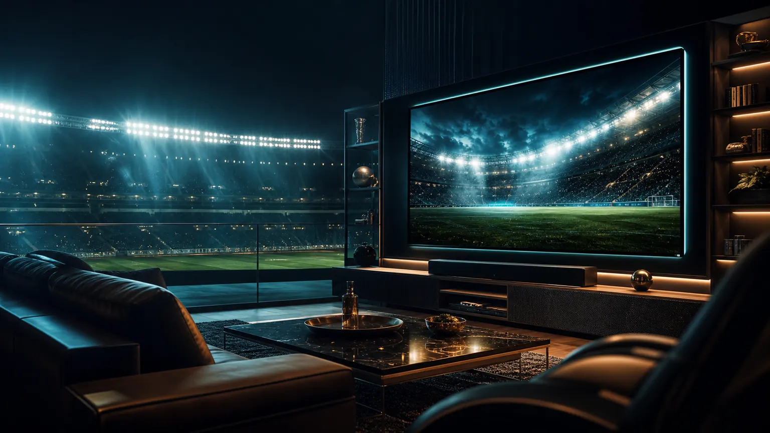 Cinematic stadium and broadcast viewing atmosphere for TereaTV live TV and sports.
