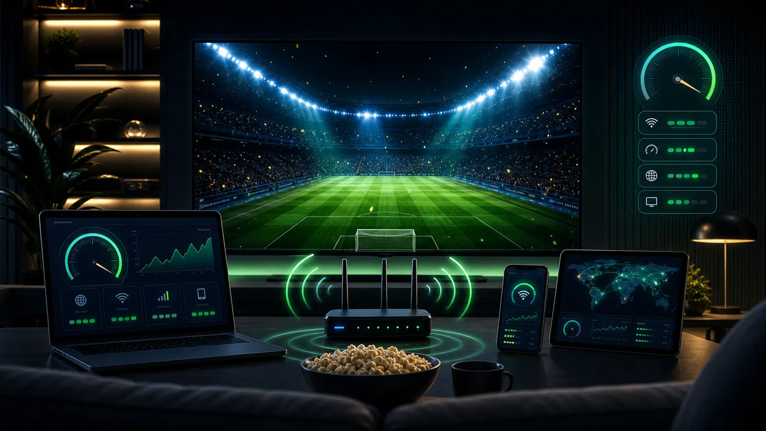 Premium dark football streaming setup with router, speed dashboard, and generic stadium screen for a World Cup 2026 streaming quality guide.